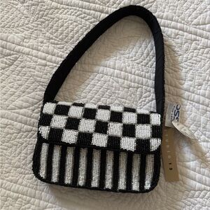 Studio 12 Black & White Beaded Checkerboard Shoulder Bag NWT